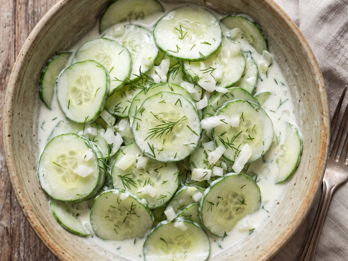 Frischer Salat, Rheinland | Rheinischer Gurkensalat mit Sahne | Dünne Scheiben, Dill und kühles Sahne-Essig-Dressing