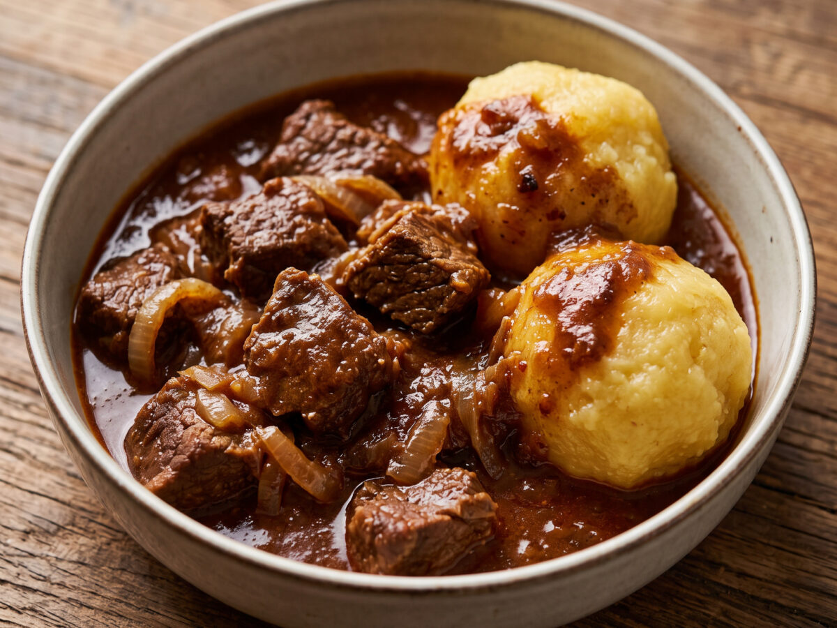 Rindergulasch mit Kartoffelklößen und Rotkohl