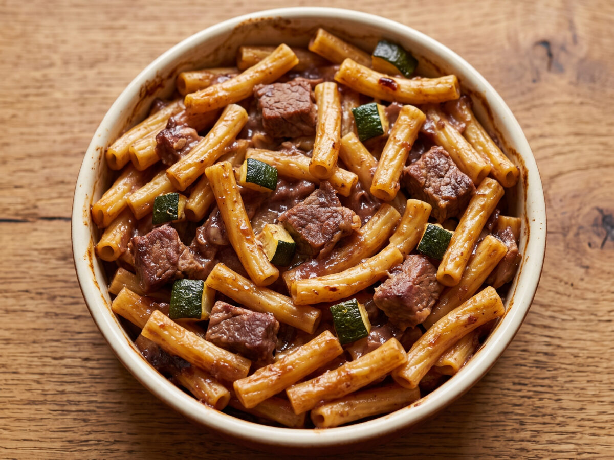 Pasta aus dem Ofen mit kräftiger Weinsauce