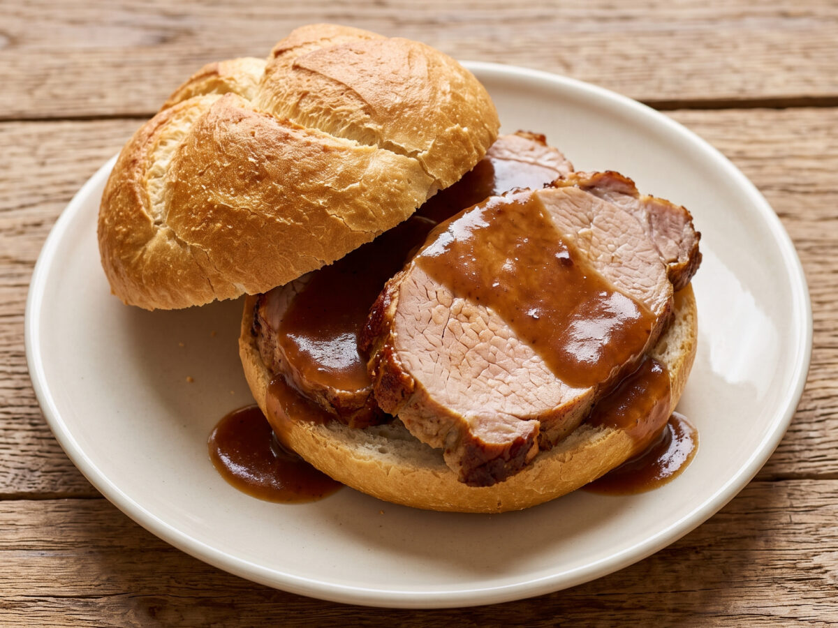 Hamburger Rundstück warm mit Schweinebraten