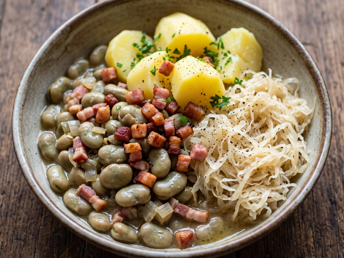 Saarländische Ackerbohnen mit Sauerkraut und Speck
