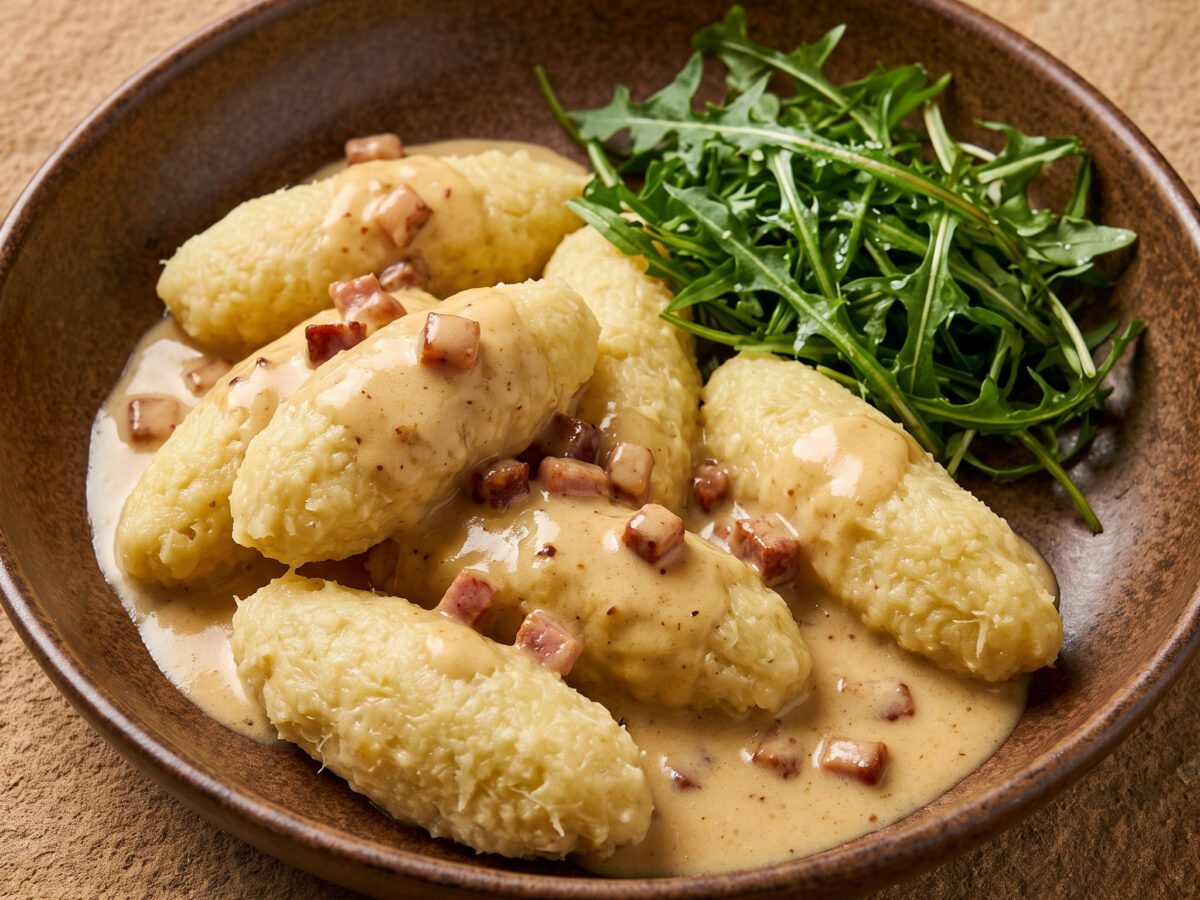 Saarländische Hoorische mit Specksahnesoße und Bettsäächersalat
