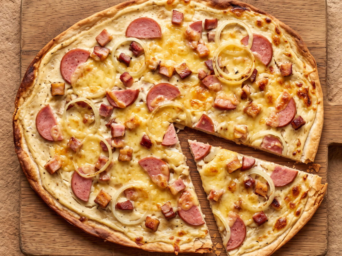 Saarländischer Flammkuchen mit Lyoner, Dörrfleisch und Bergkäse