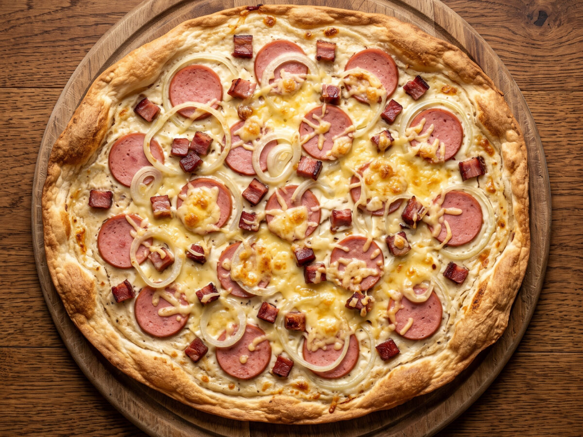 Saarländischer Flammkuchen mit Lyoner und Dörrfleisch