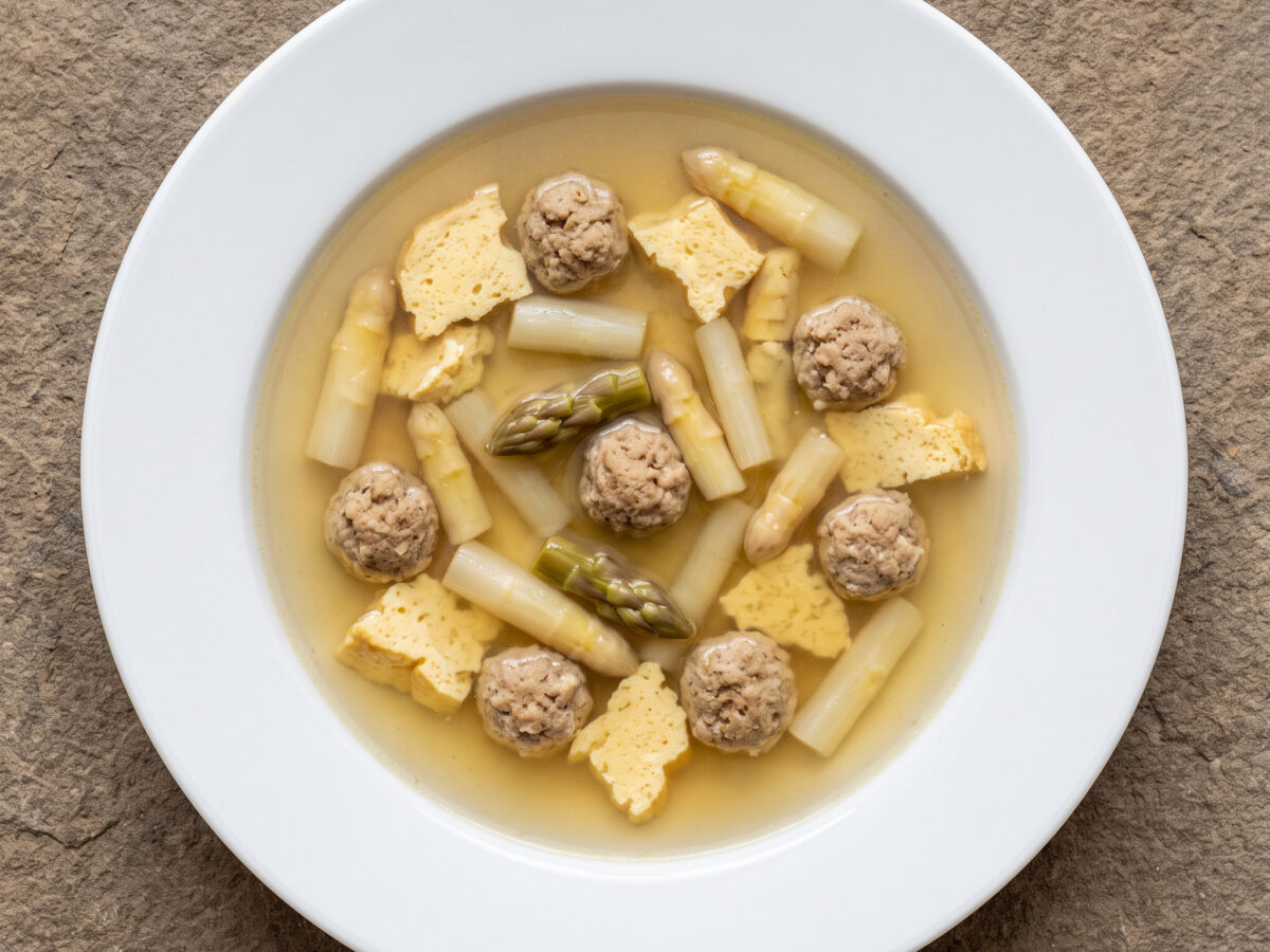 Sächsische Hochzeitssuppe mit Hackfleischklößchen, Eierstich und Spargel