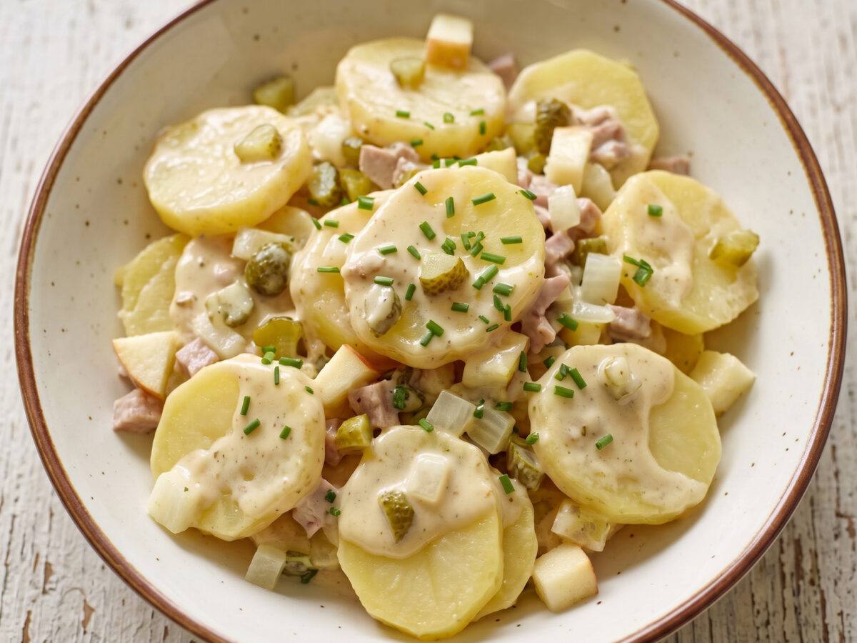 Sättigender Kartoffelsalat | Sächsischer Kartoffelsalat mit Fleischsalat | Cremig, würzig und frisch mit Gewürzgurke, Apfel und feiner Senfnote.