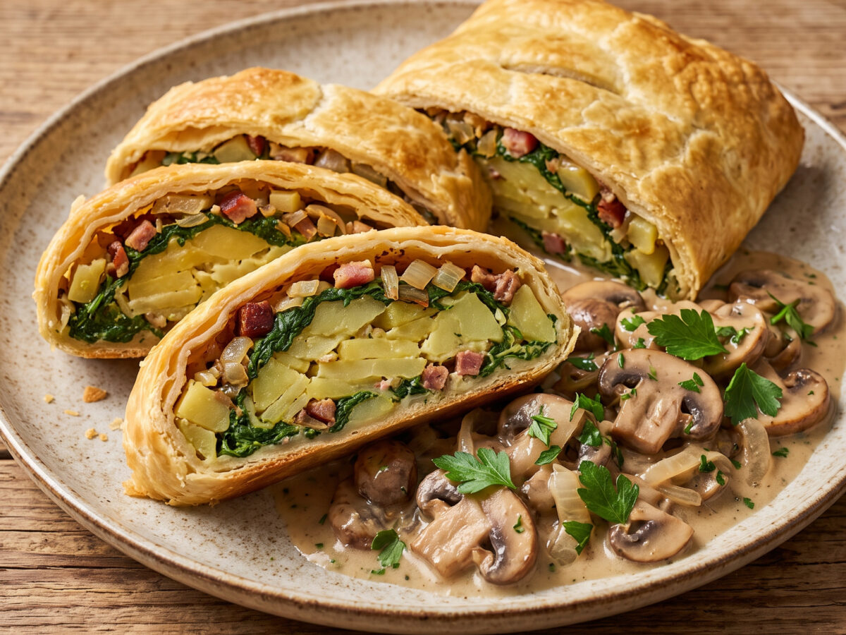 Sächsischer Kartoffelstrudel mit Spinat, Speck und Pilzragout