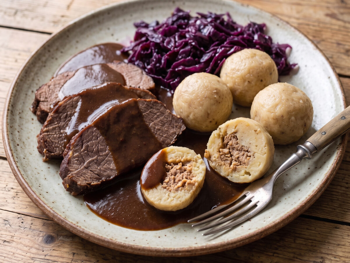 Sachsen | Sächsischer Sauerbraten | Butterzartes Rindfleisch, süß-säuerlich geschmort mit Lebkuchen und Rübensirup