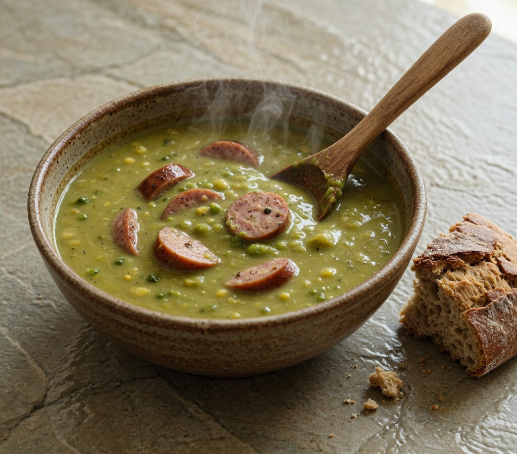 Sämige Erbsensuppe mit rauchiger Wurst