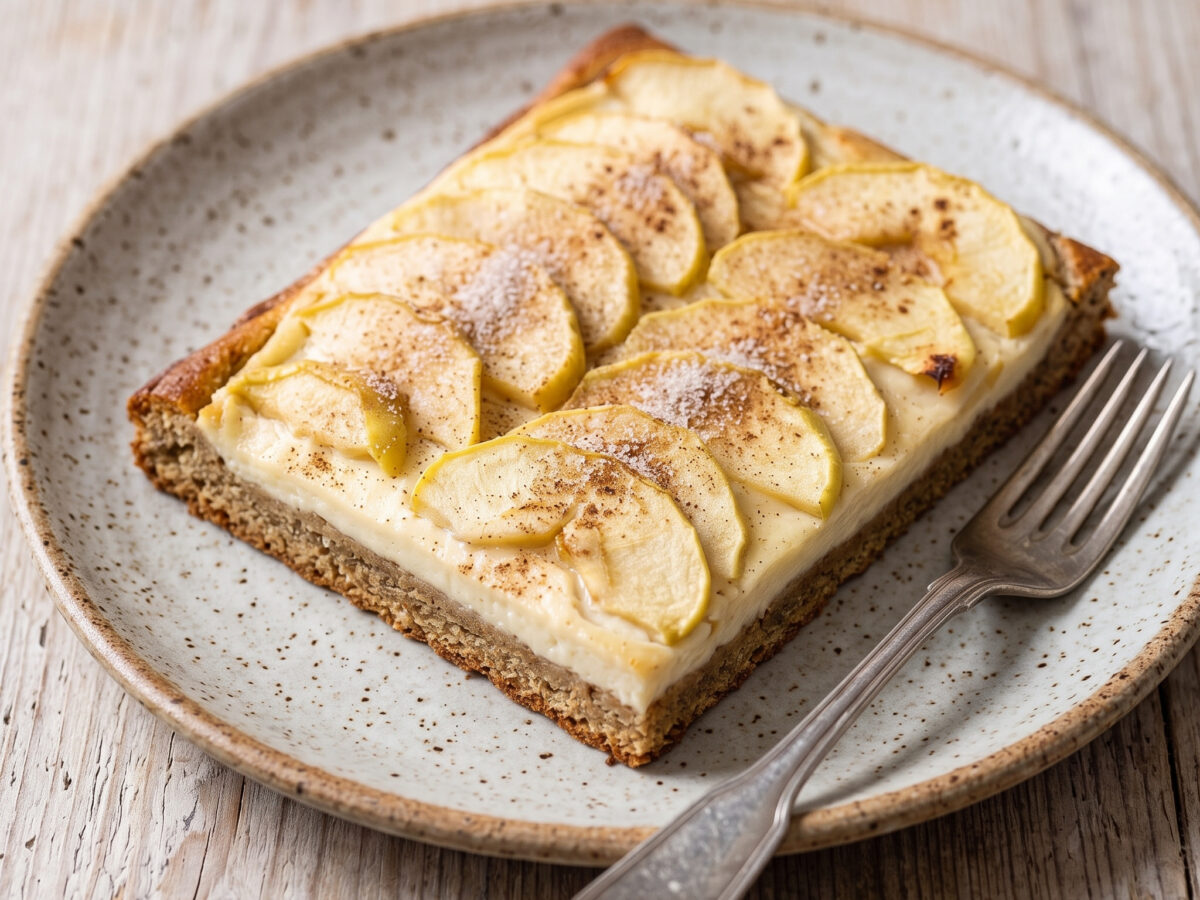 Süßer Backhauskuchen aus Hessen | Schmierschelkuchen mit Äpfeln | Sauerteigboden, cremiger Quarkbelag und karamellisierte Äpfel