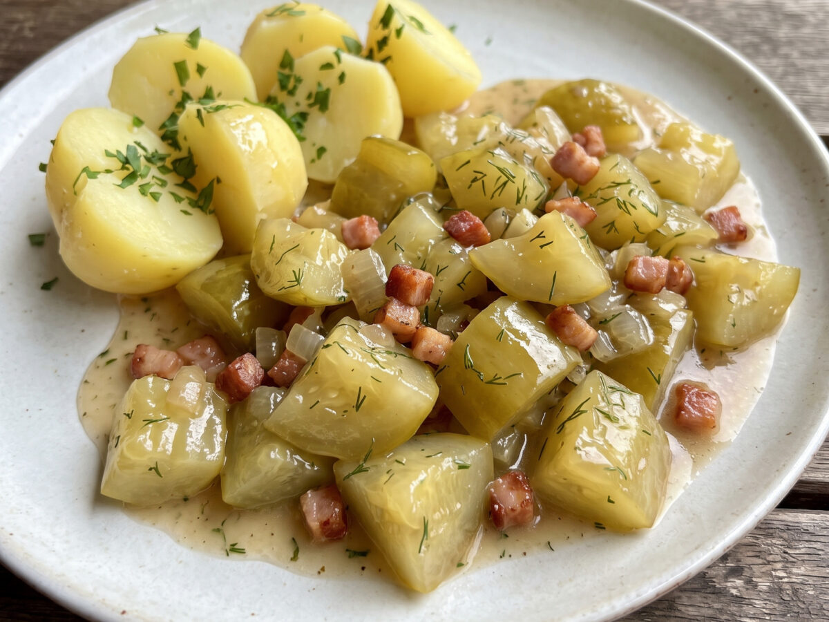 Spreewälder Pfannengericht | Schmorgurken mit Speck | Saftig geschmort, süß-säuerlich und mit knusprigem Speck.