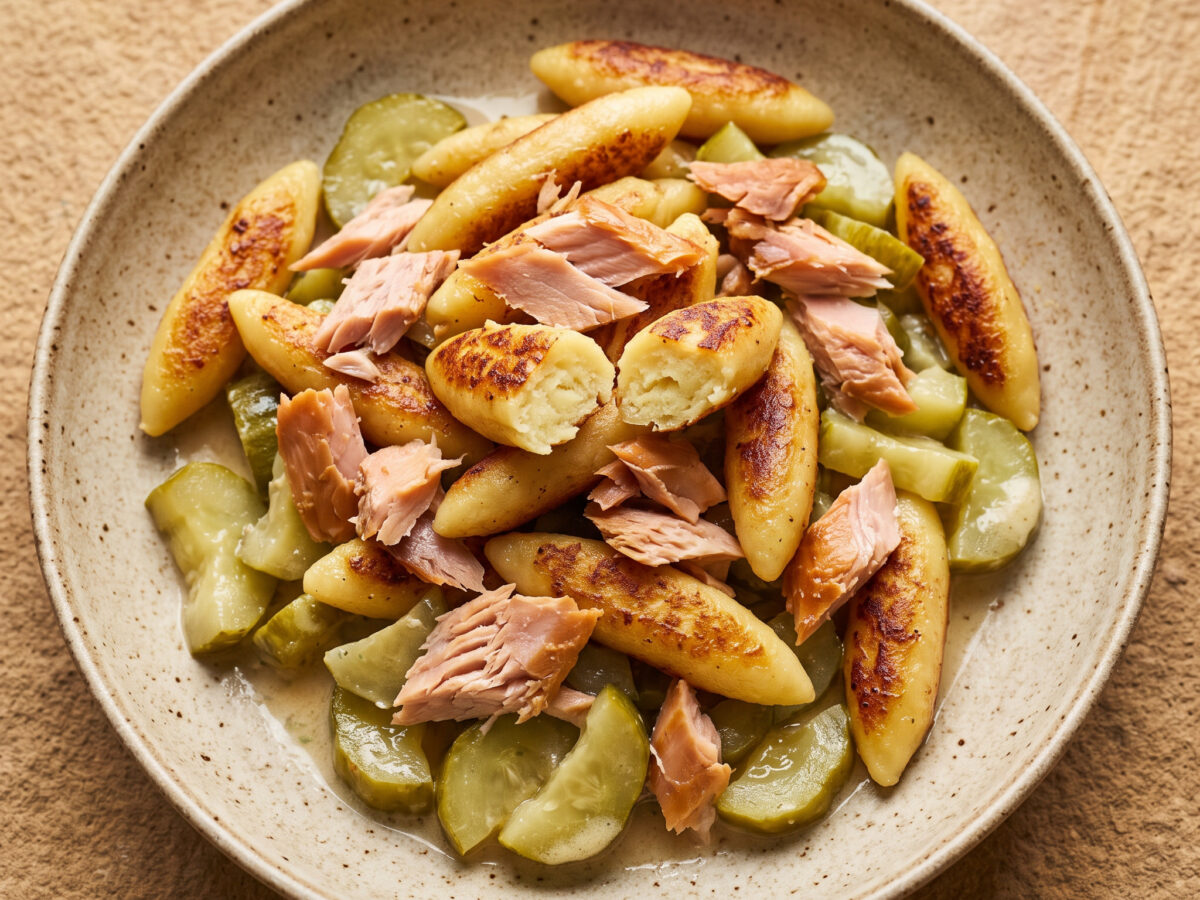 Schupfnudeln mit Schmorgurken und Räucherforelle
