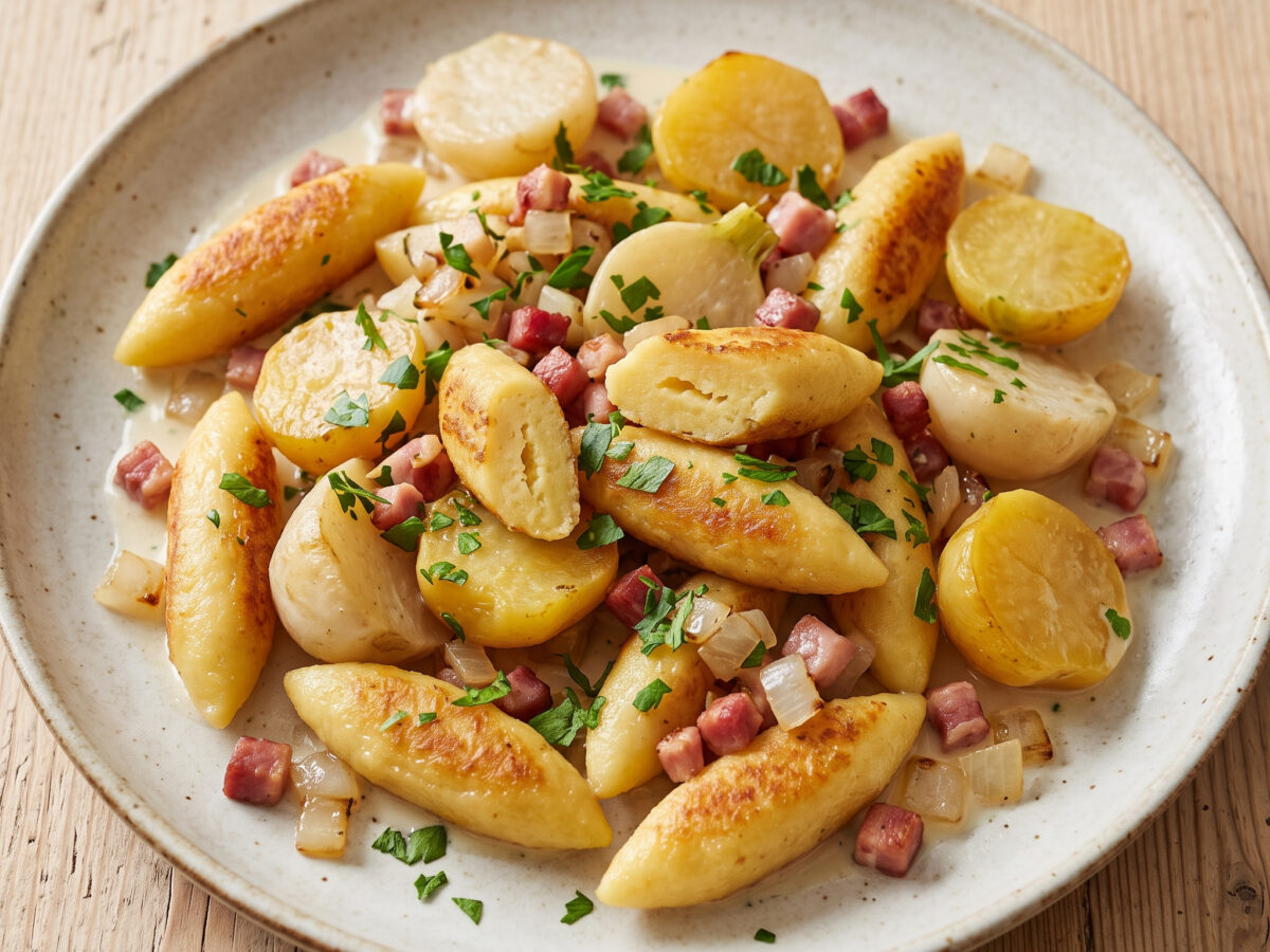 Schupfnudeln mit Teltower Rübchen und Speck