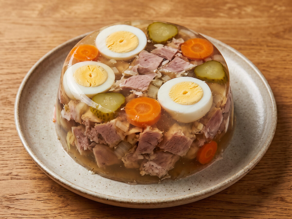 Sülze aus Schweinshaxe und würziger Brühe