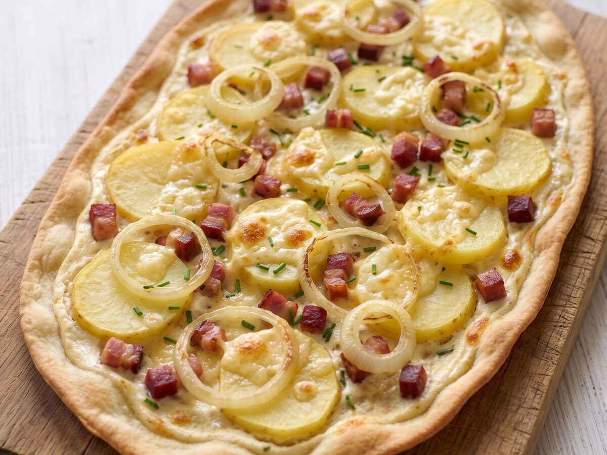 Schwäbischer Hefefladen | Dinnete mit Kartoffeln und Speck | Knuspriger Teig mit cremigem Schmand, Kartoffeln und Speck aus dem Ofen.