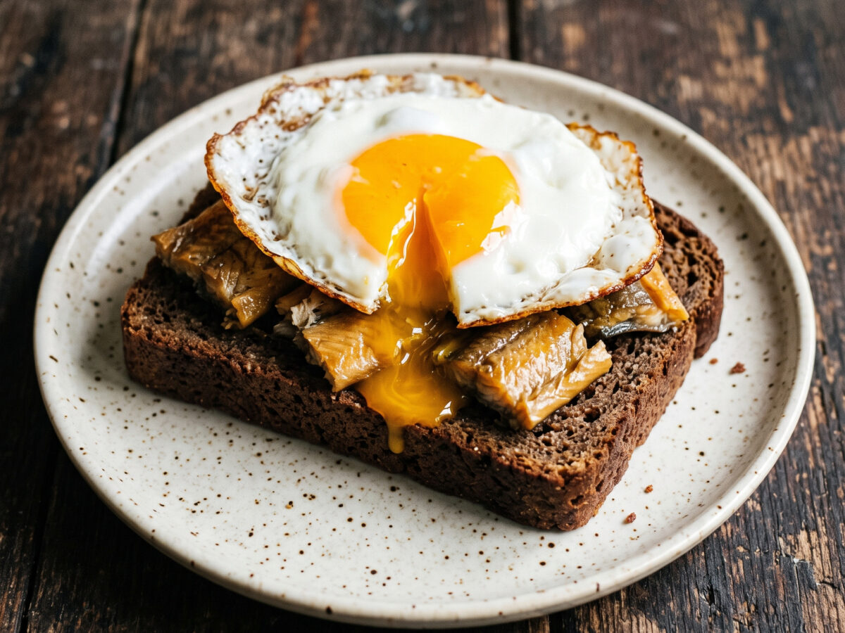 Schwarzbrot mit Räucheraal und Spiegelei
