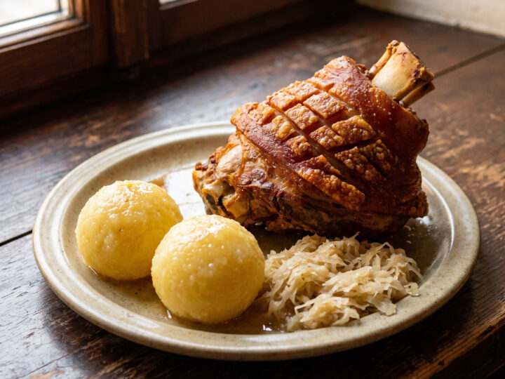 Bayerische Wirtshausküche | Schweinshaxe mit Sauerkraut und Kartoffelknödeln | Knusprige Kruste, deftiges Kraut und flaumige Kartoffelknödel.
