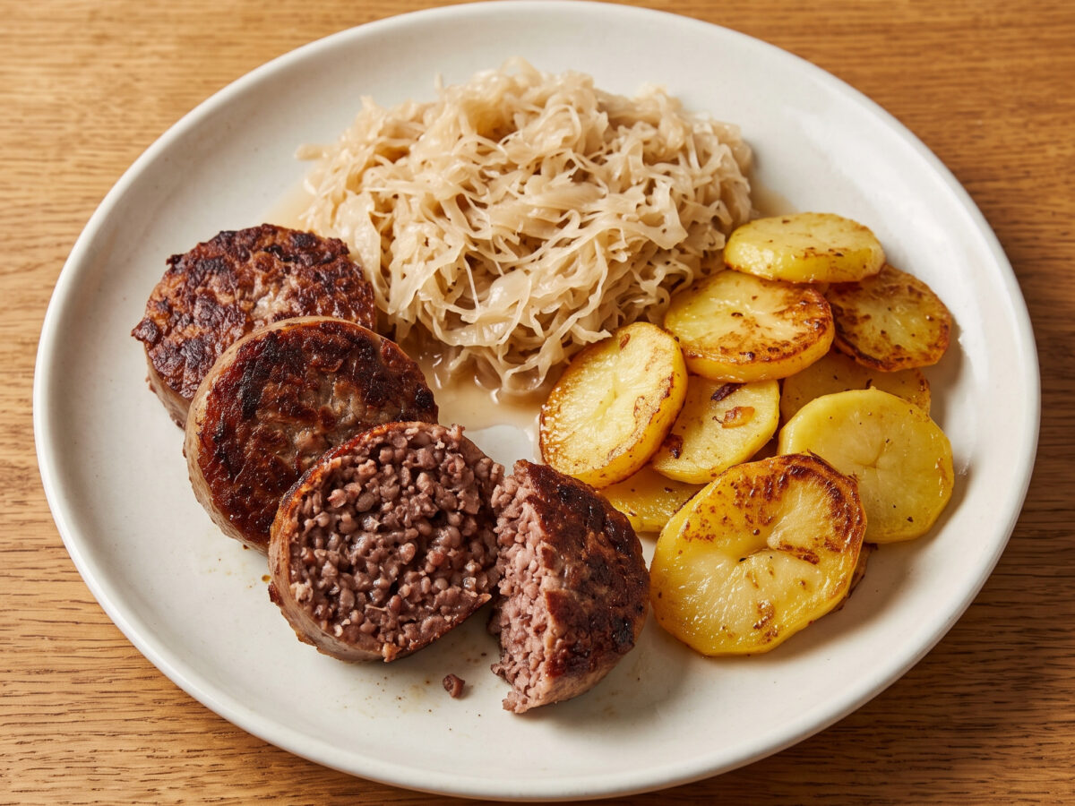 Schweriner Grützwurst mit Sauerkraut und Bratkartoffeln
