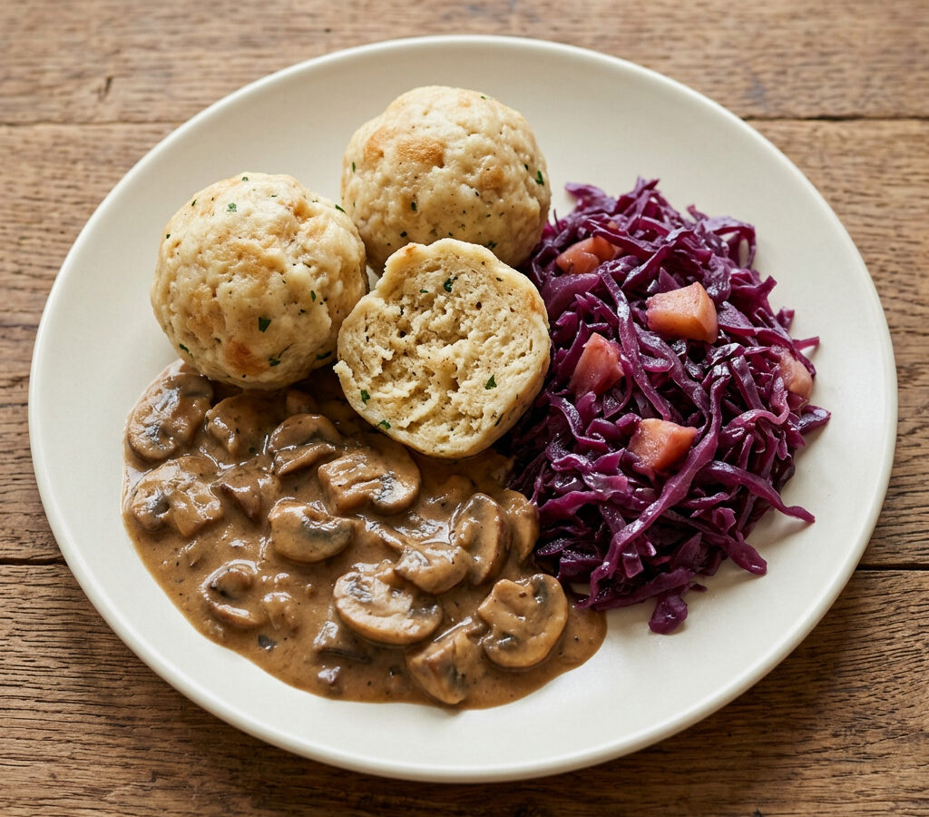 Semmelknödel mit Pilzragout und Apfelrotkohl