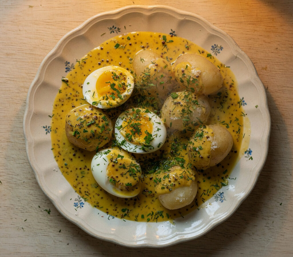 Senfeier glänzen in goldgelber Sauce