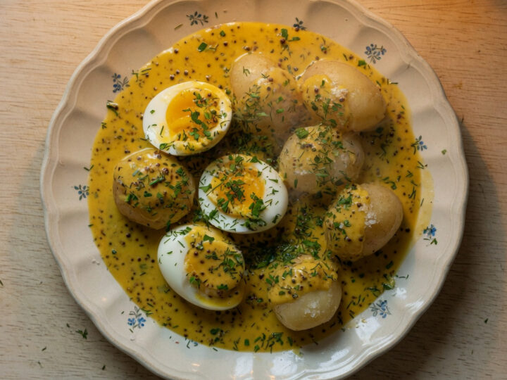 Senfeier glänzen in goldgelber Sauce