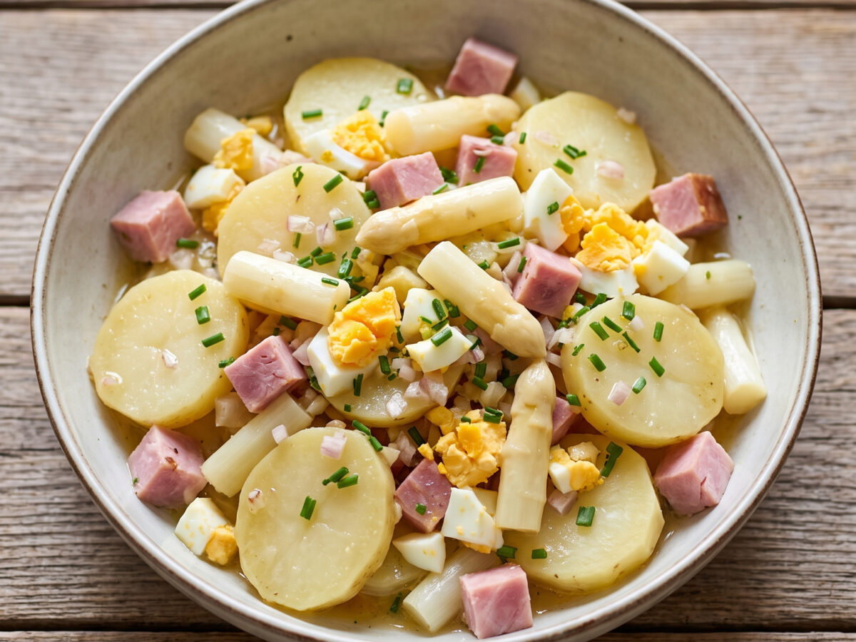 Spargel-Kartoffelsalat mit Schinken und Ei