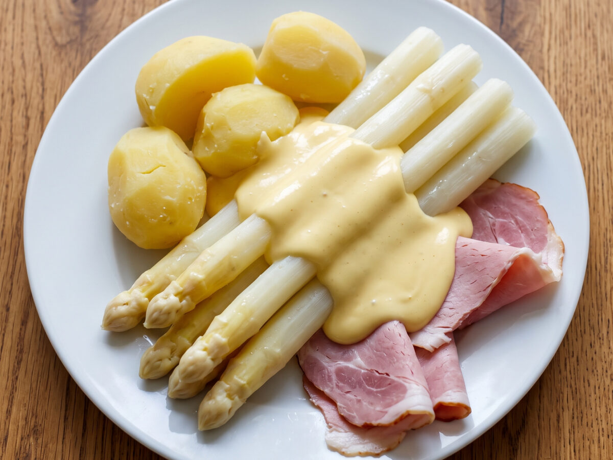 Spargelteller mit Kochschinken und Sauce Hollandaise