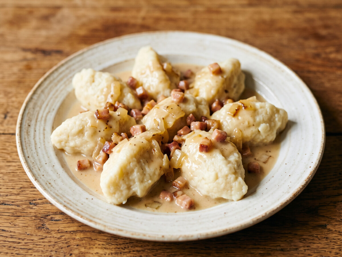 Spatzeklös mit Specksoß
