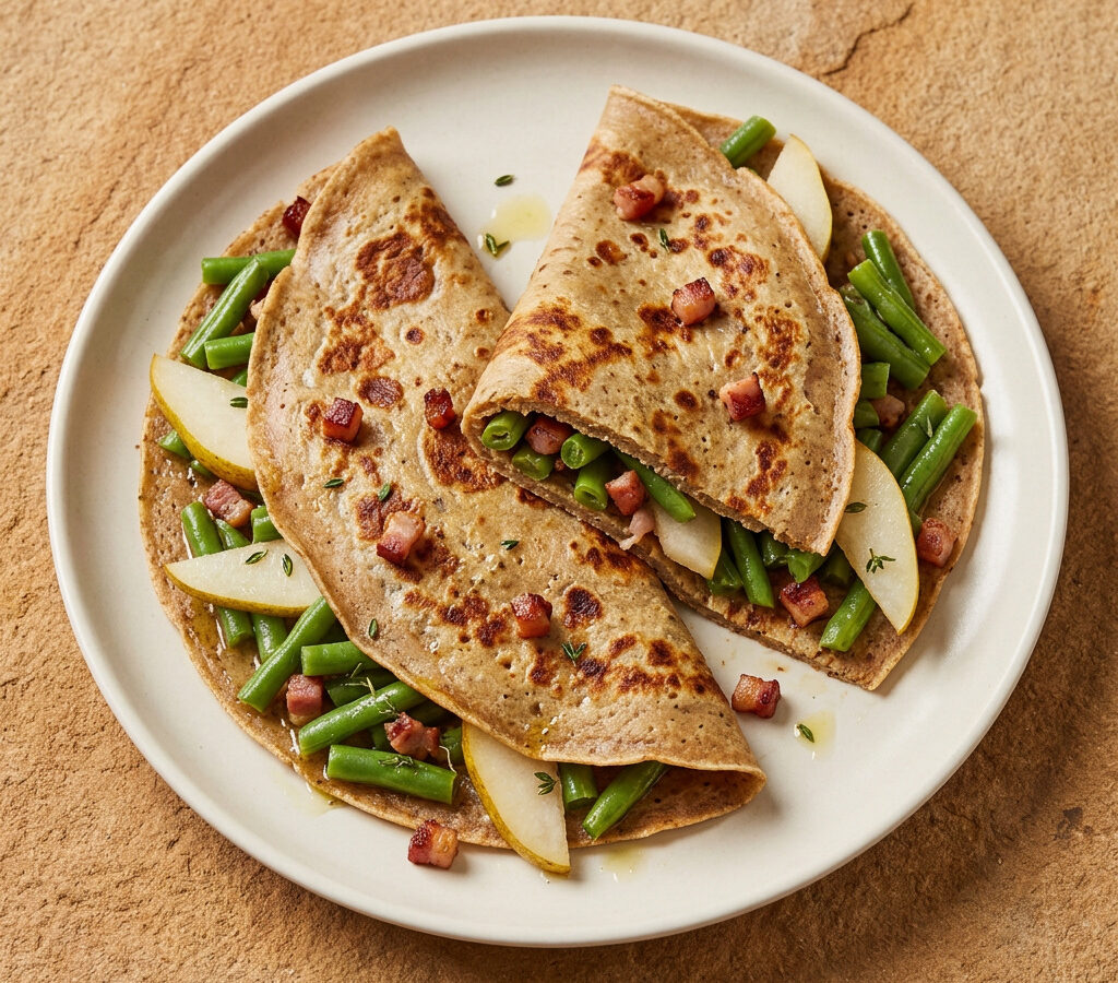 Speckpfannkuchen mit Birnen-Bohnen-Salat