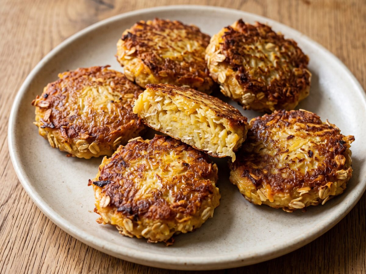 Steckrüben-Hafer-Puffer mit Dillrahm und Salzkartoffeln