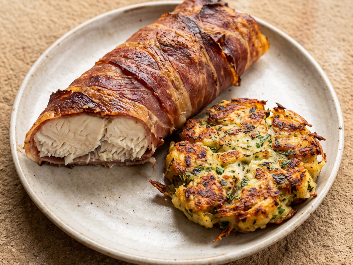 Stör im Wildschinkenmantel an Kräuterkartoffelrösti