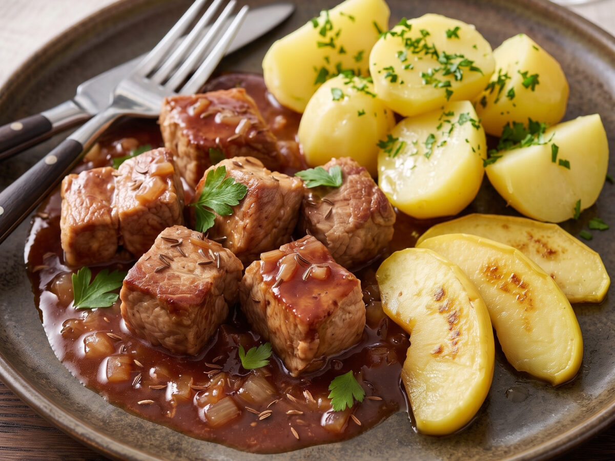 Thüringer Tellergericht | Bierfleisch mit Kümmel und Apfelscheiben | Zart geschmortes Schweinefleisch mit würziger Biersauce und süßen Äpfeln