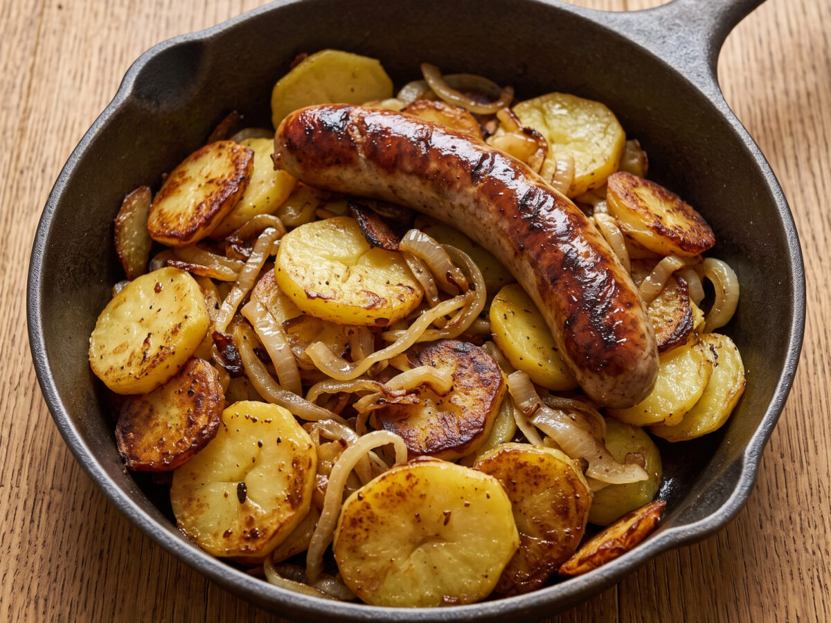Thüringer Bratkartoffelpfanne mit Rostbratwurst