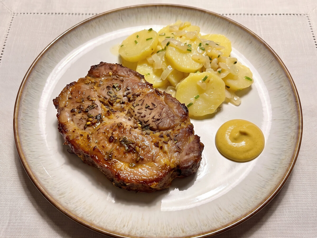 Thüringer Grillbraten | Mutzbraten mit Kartoffelsalat | Saftiger Nacken mit Majoran, dazu kräftiger Kartoffelsalat.