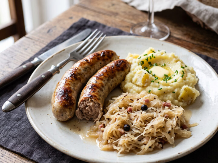 Herzhaftes Tellergericht | Thüringer Rostbratwurst, Sauerkraut, Kartoffelpüree | Röstige Wurst, mildes Kraut und cremiges Kartoffelpüree auf einem Teller.