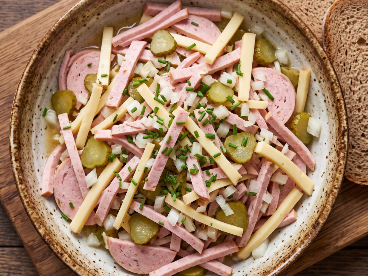 Thüringer Wurstsalat mit Fleischwurst, Käse und Gewürzgurken