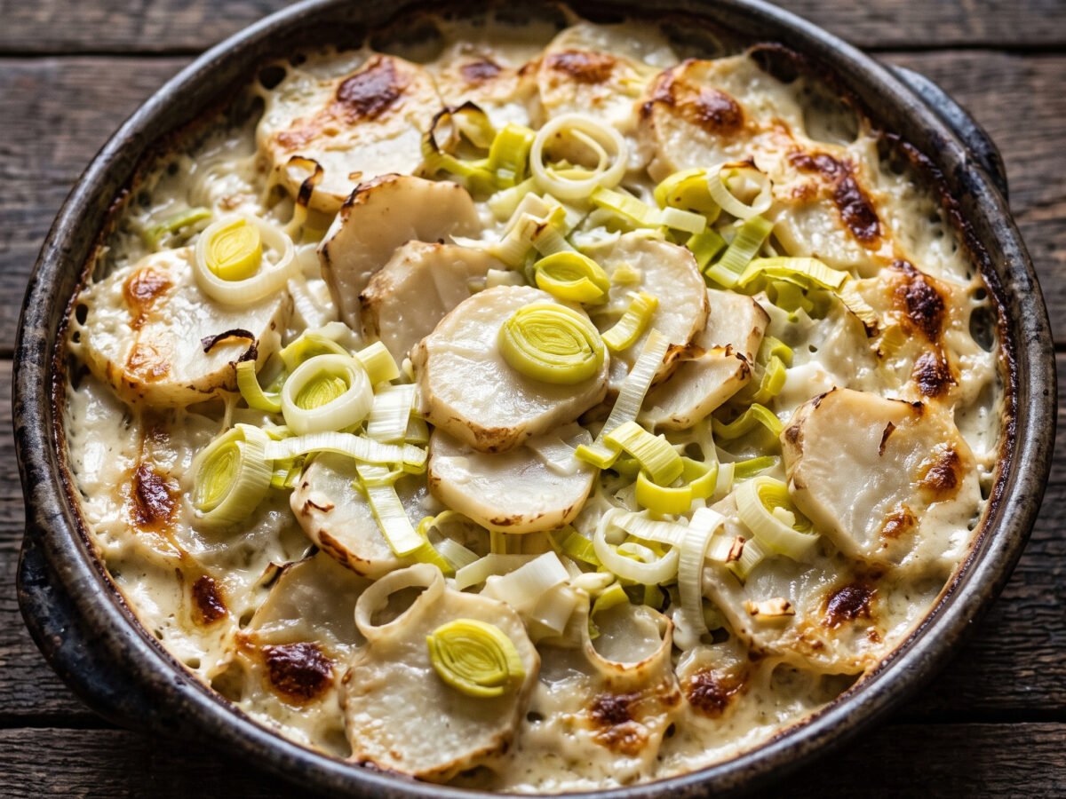 Thüringische Erdbirnen im Lauchrahm-Gratin