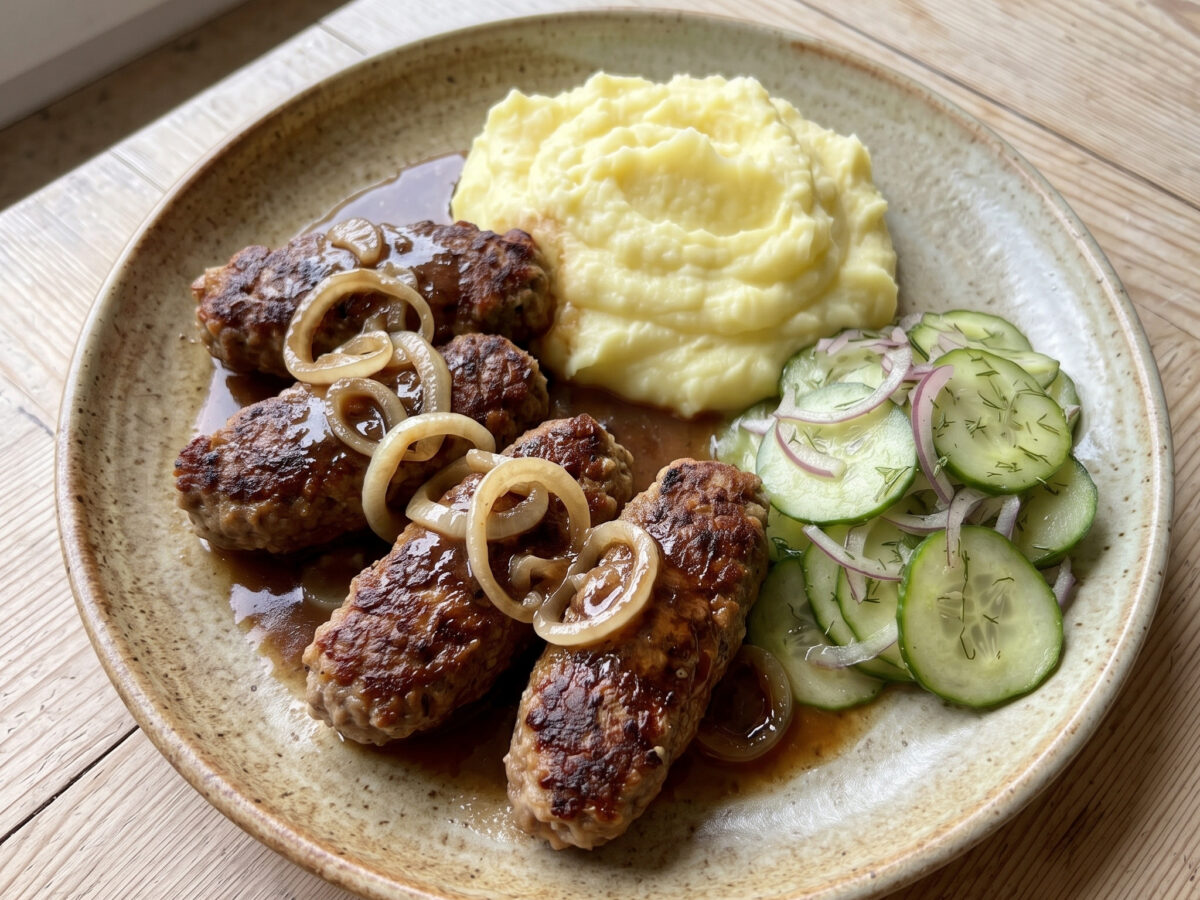 Westerwälder Hackbraten | Wäller Ischel | Herzhafter Hackbraten mit Zwiebeljus, Kartoffelpüree und Gurkensalat