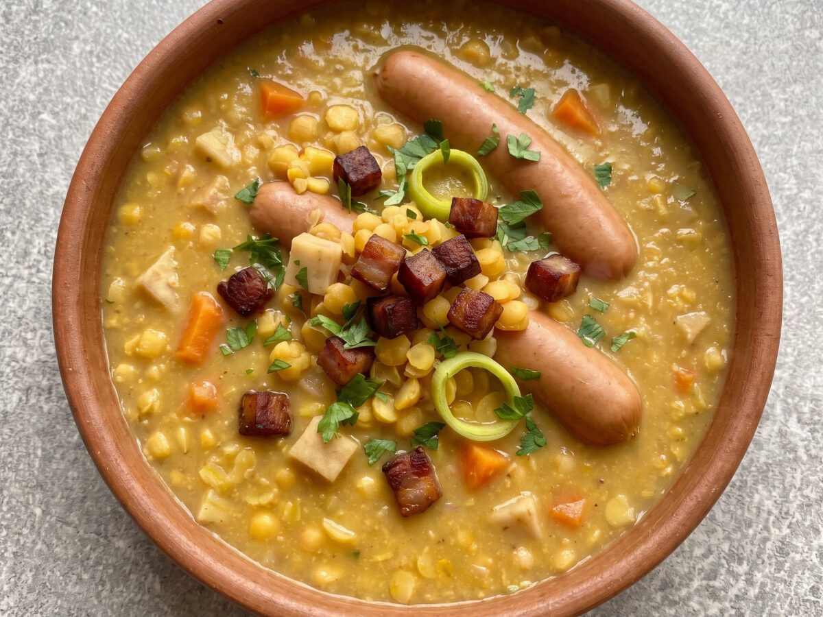 Westfalen | Westfälische Erbsensuppe | Sämige Schälerbsensuppe mit Speck und Wurzelgemüse, rustikal und herzhaft