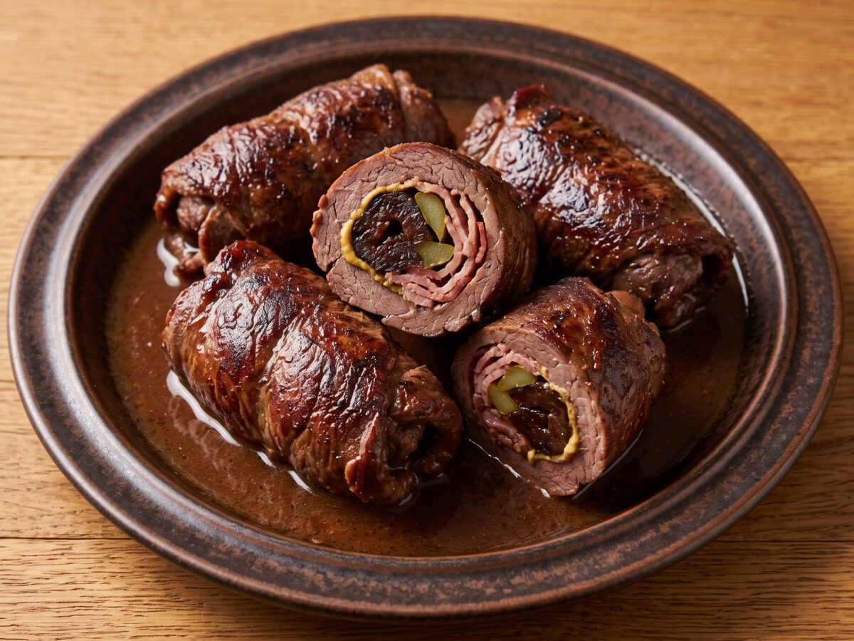 Wildschwein-Röllchen mit Backpflaumen und Gewürzgurke