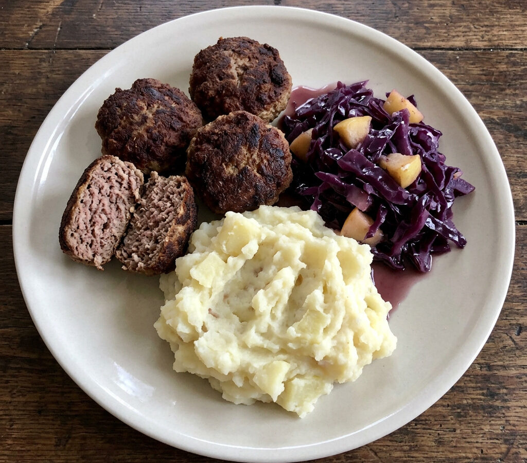 Wildschweinfrikadellen mit Apfel-Rotkohl und Kartoffelstampf