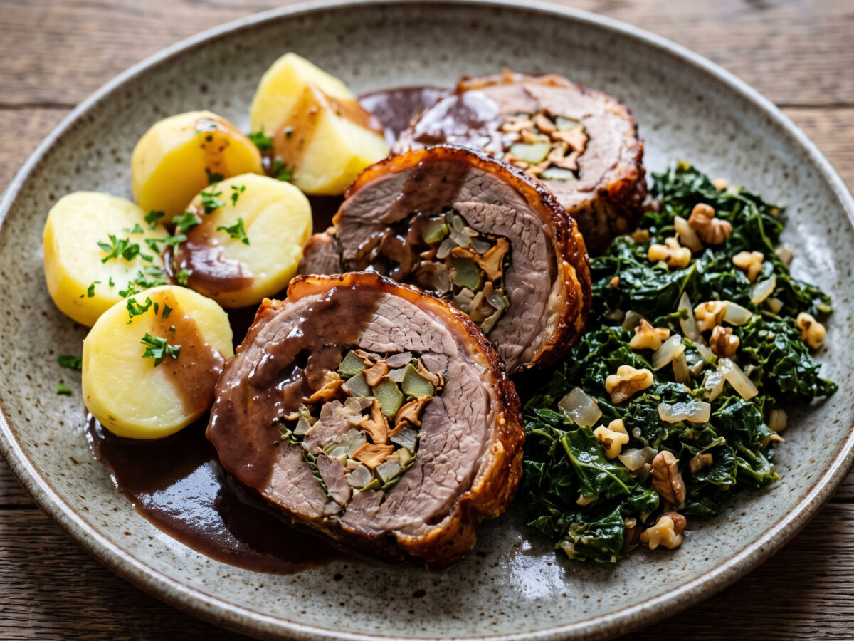 Wildschweinrollbraten mit Grünkohl und Kartoffeln