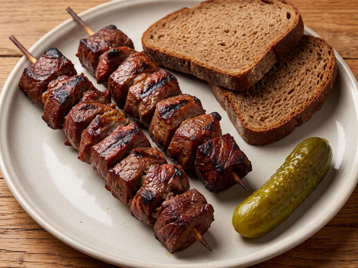 Wildschweinspieße vom Grill mit Schwarzbrot