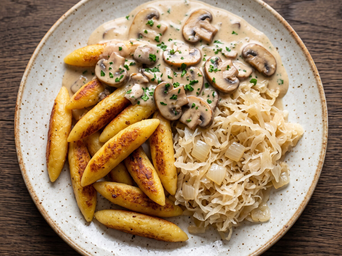 Wismarer Schupfnudeln mit Sauerkraut und Champignonsoße