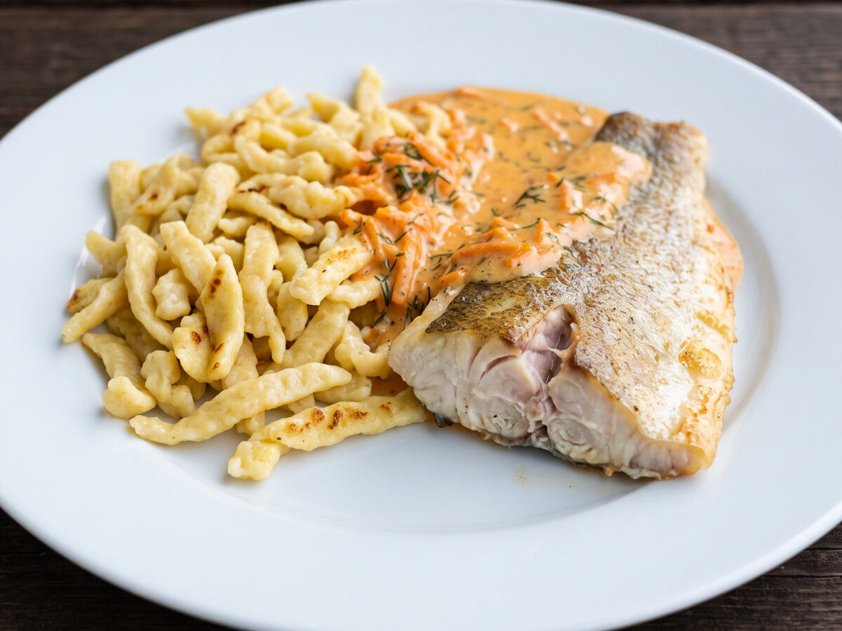 Zander-Spätzle mit Möhren-Dill-Sauce