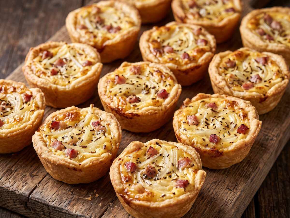 Sachsen-Anhalt · herzhaftes Fingerfood | Zwiebelkuchen-Häppchen mit Speck | Rohe Zwiebeln, Speck und Kümmel im saftigen Ei-Sauerrahm-Guss.