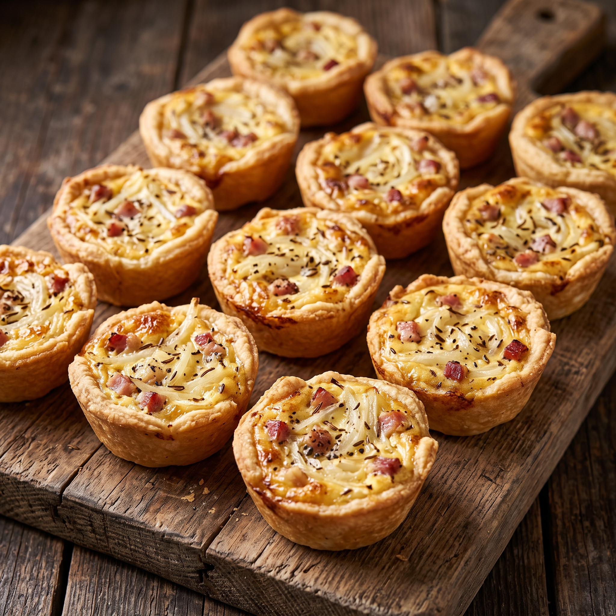 Sachsen-Anhalt · herzhaftes Fingerfood | Zwiebelkuchen-Häppchen mit Speck | Rohe Zwiebeln, Speck und Kümmel im saftigen Ei-Sauerrahm-Guss.
